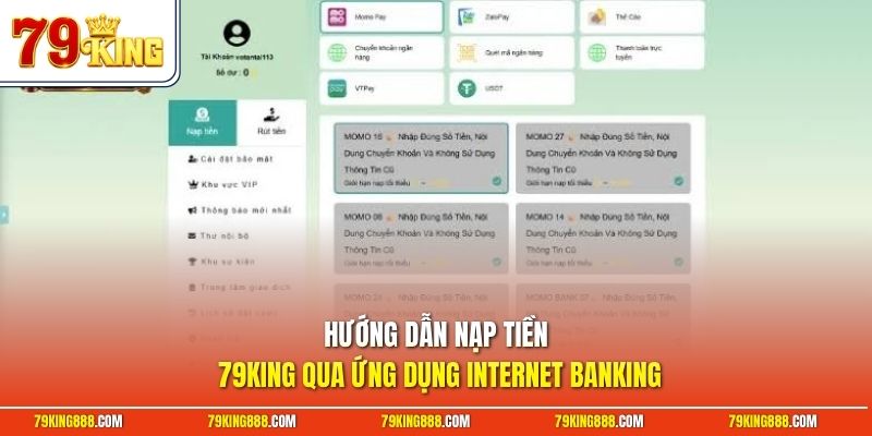 Hướng dẫn nạp tiền 79King qua ứng dụng Internet Banking